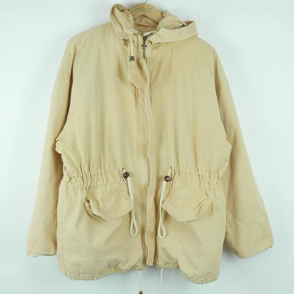 Vintage Express Medium Coat 90s Hooded Utility Chore Preppy Country Beige Fall - Picture 1 of 15